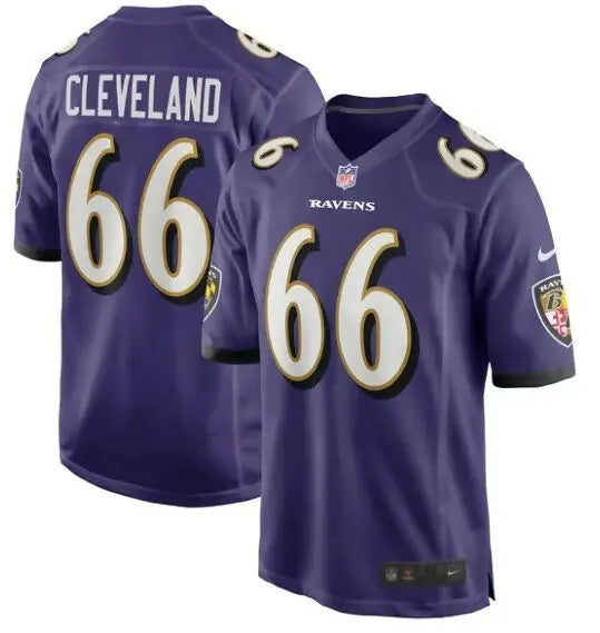 Purple Baltimore Ravens Ben Cleveland Nike Game Jersey with number 66 and CLEVELAND on back
