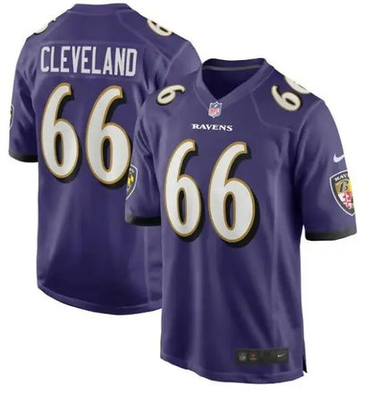 Purple Baltimore Ravens Ben Cleveland Nike Game Jersey with number 66 and CLEVELAND on back