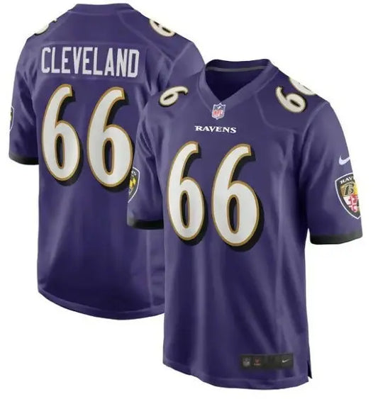 Purple Baltimore Ravens Ben Cleveland Nike Game Jersey with number 66 and CLEVELAND on back