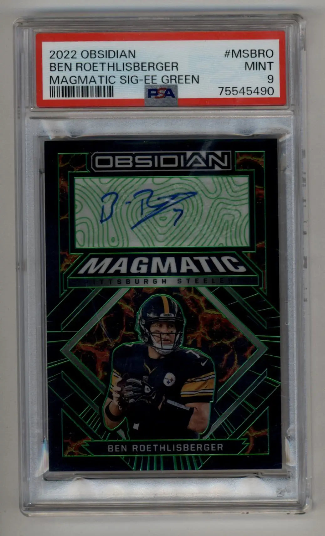 PSA-graded Ben Roethlisberger 2022 Obsidian Magmatic Green Auto card in protective case