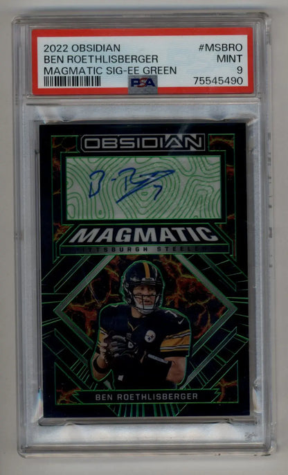 PSA-graded Ben Roethlisberger 2022 Obsidian Magmatic Green Auto card in protective case