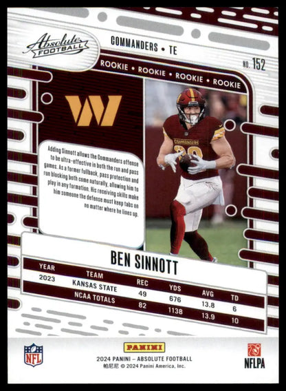 Ben Sinnott football trading card from Panini Absolute 2024 Washington Commanders