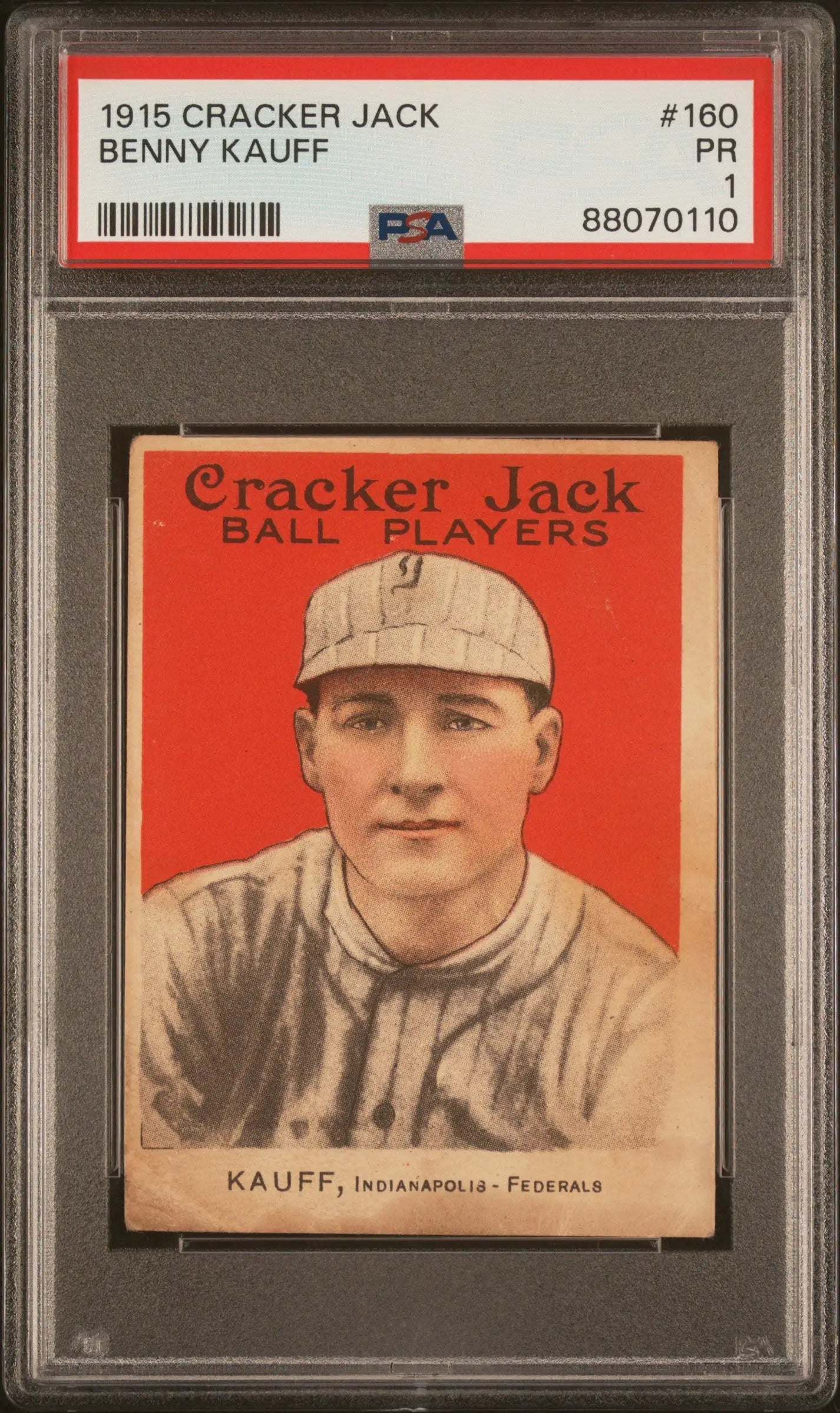 Benny Kauff 1915 Cracker Jack #160 PSA 1 Poor baseball trading card displayed