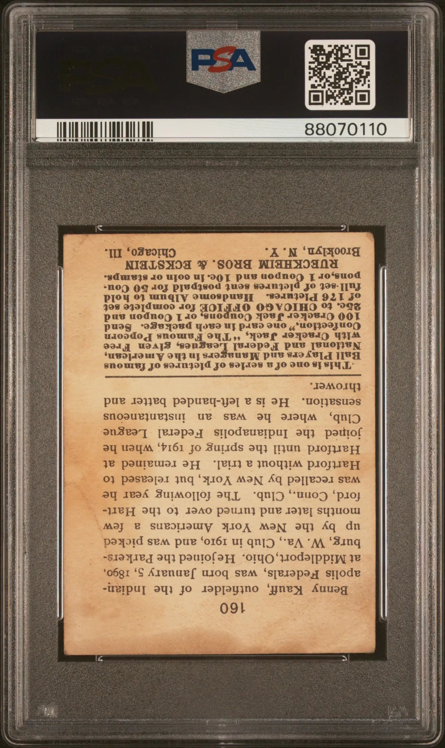 Benny Kauff 1915 Cracker Jack #160 trading card in PSA holder with QR code
