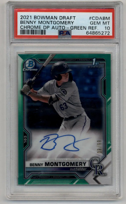 Benny Montgomery 2021 Bowman Chrome Draft Picks Green Refractor Auto 29/99 PSA 10 Gem Mint - Singles