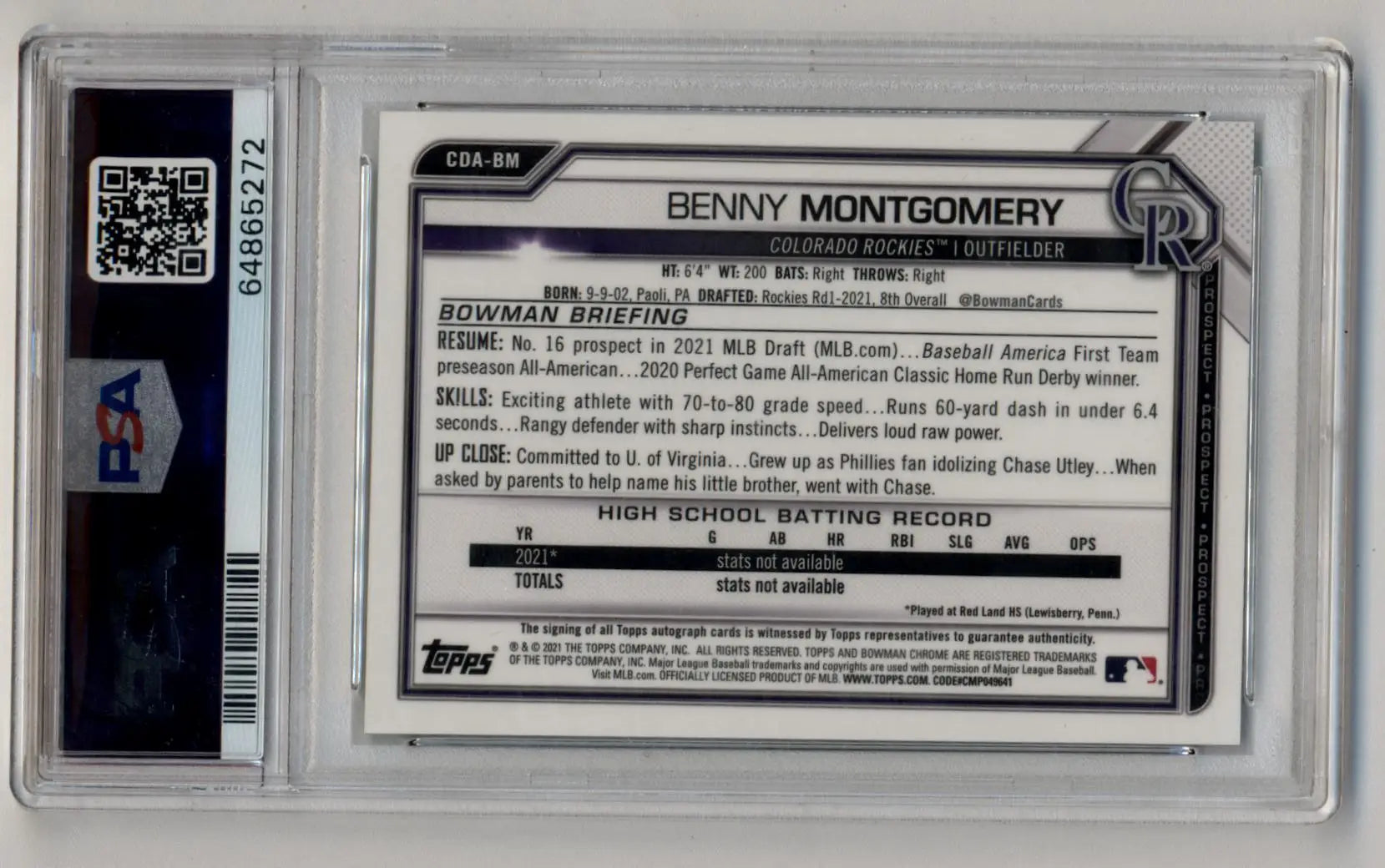 Benny Montgomery 2021 Bowman Chrome Draft Picks Green Refractor Auto 29/99 PSA 10 Gem Mint - Singles