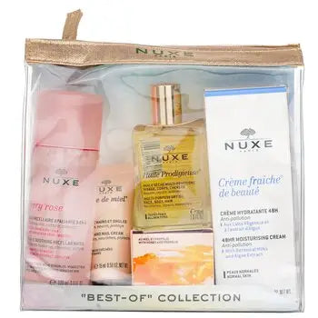 Clear plastic bag with Nuxe skincare products in 30ml 1oz collection gift set