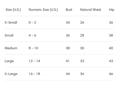 Clothing size chart for Betty Hannah’s SideGirl Sailor 1pc dress with ribbed knit blouse