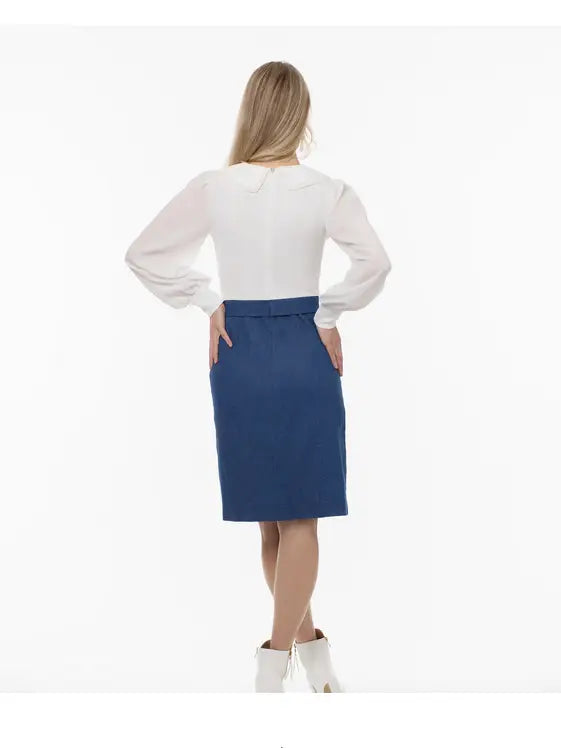 White long-sleeved ribbed knit blouse with peter pan collar and blue knee-length skirt 1pc dress