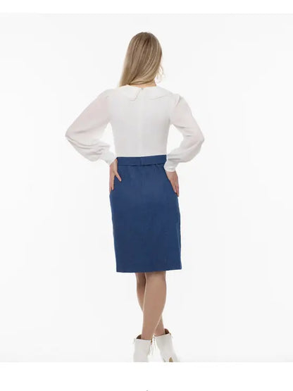 White long-sleeved ribbed knit blouse with peter pan collar and blue knee-length skirt 1pc dress