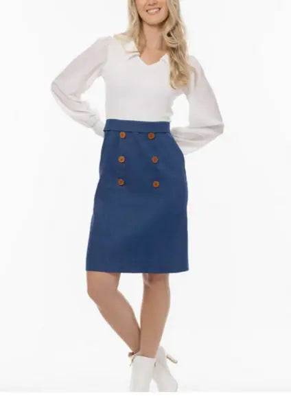 Women’s blue pencil skirt with decorative brown buttons from Betty Hannah’s SideGirl Sailor 1pc dress