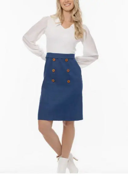 Women’s blue pencil skirt with decorative brown buttons from Betty Hannah’s SideGirl Sailor 1pc dress