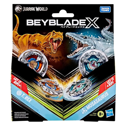 Jurassic World Beyblade X Mosasaurus Set featuring T.Rex and MosasaurusBattle tops