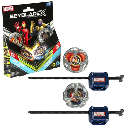 Marvel Iron Man Beyblade X set featuring Iron Man and Thanos for intense battles