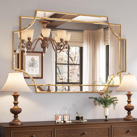 32"X48" Large Gold Mirror for Wall, Modern Decorative Mirror Rectangle Mirror Wall Vanity Mirror Bevelled Full Length Mirror for Bathroom Living Room Bedroom Farmhouse Fireplace Entryway-0