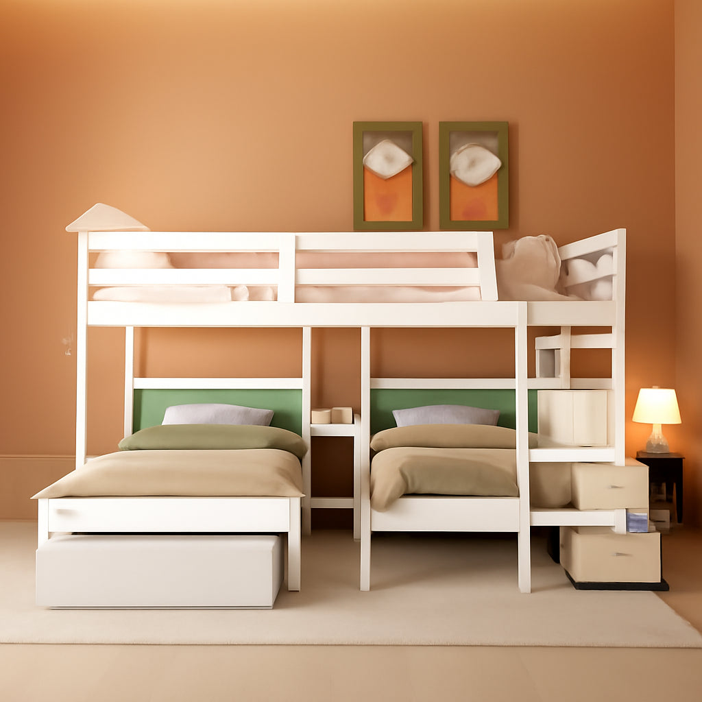 Triple Bunk Beds with Drawers, Wood Full over Twin & Twin Bunk Bed with Storage Staircase, Triple Bed for Kids,3 Bed Bunk Beds with Storage for Girls Boys,White-0