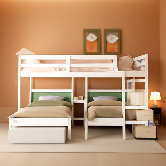 Triple Bunk Beds with Drawers, Wood Full over Twin & Twin Bunk Bed with Storage Staircase, Triple Bed for Kids,3 Bed Bunk Beds with Storage for Girls Boys,White-0