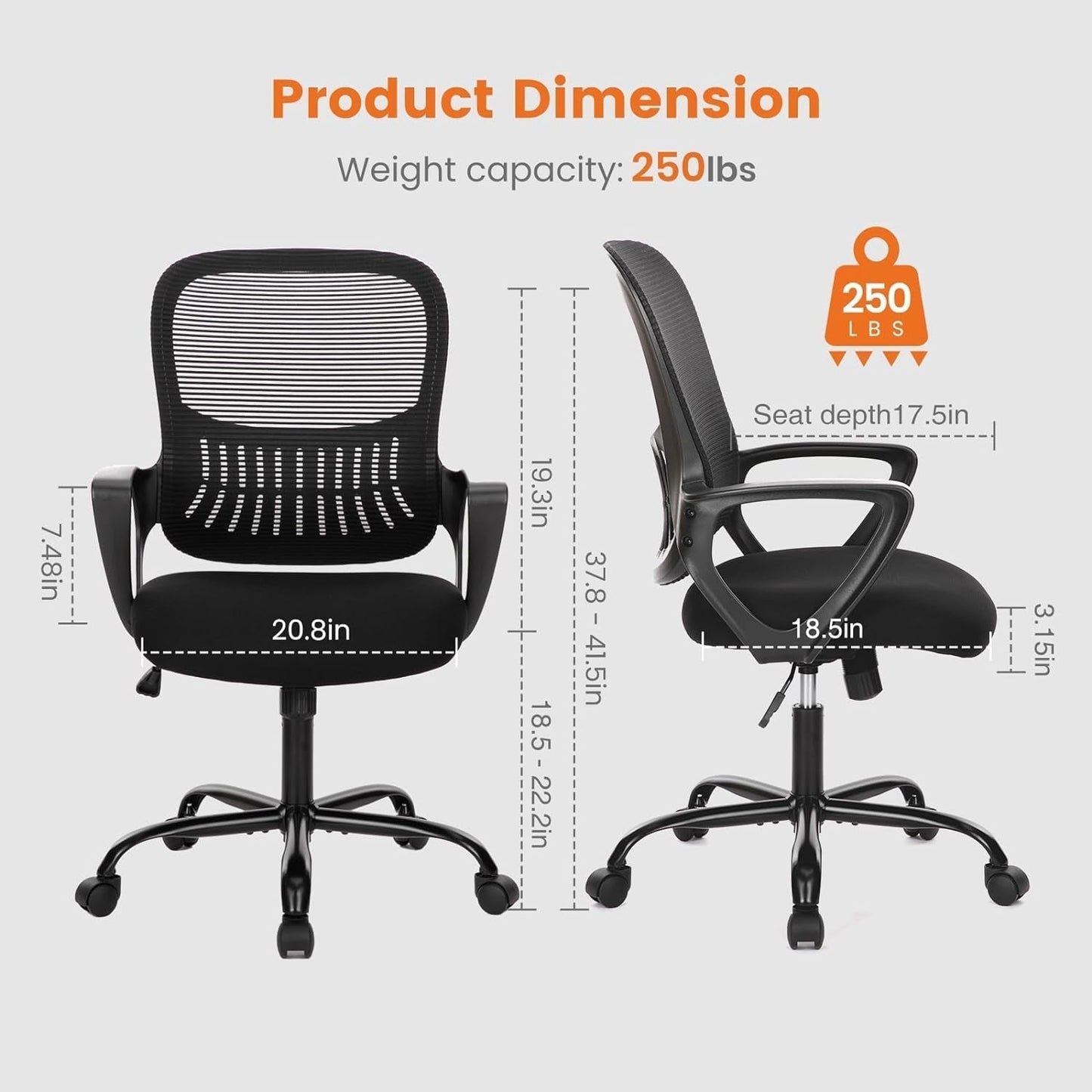 Office Computer Desk Managerial Executive Chair, Ergonomic Mid-Back Mesh Rolling Work Swivel Chairs with Wheels, Comfortable Lumbar Support, Comfy Arms for Home,Bedroom,Study,Student,Black-1