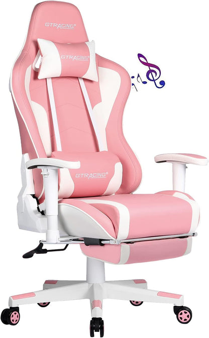 Gaming Chair with Footrest Speakers Video Game Chair Bluetooth Music Heavy Duty Ergonomic Computer Office Desk Chair (Pink)-0