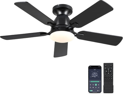 Ceiling Fans with Lights- 46" Low Profile Indoor Ceiling Fan with Light and Remote/App Control, Flush Mount, LED Dimmable DC Reversible Modern Ceiling Fan for Bedroom（Black）-1
