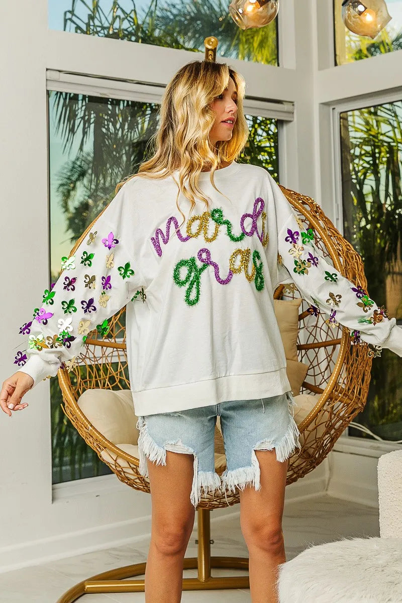 BiBi Fleur De Lis Sleeve Mardi Gras Pullover