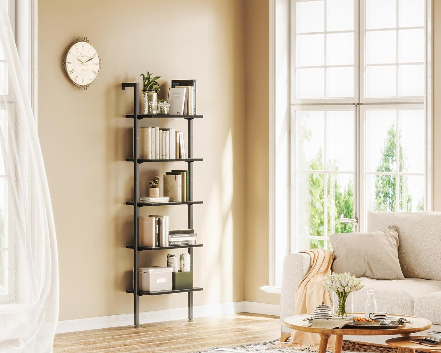 72 Inch Black 5-Tier Metal Frame Ladder Shelf-1