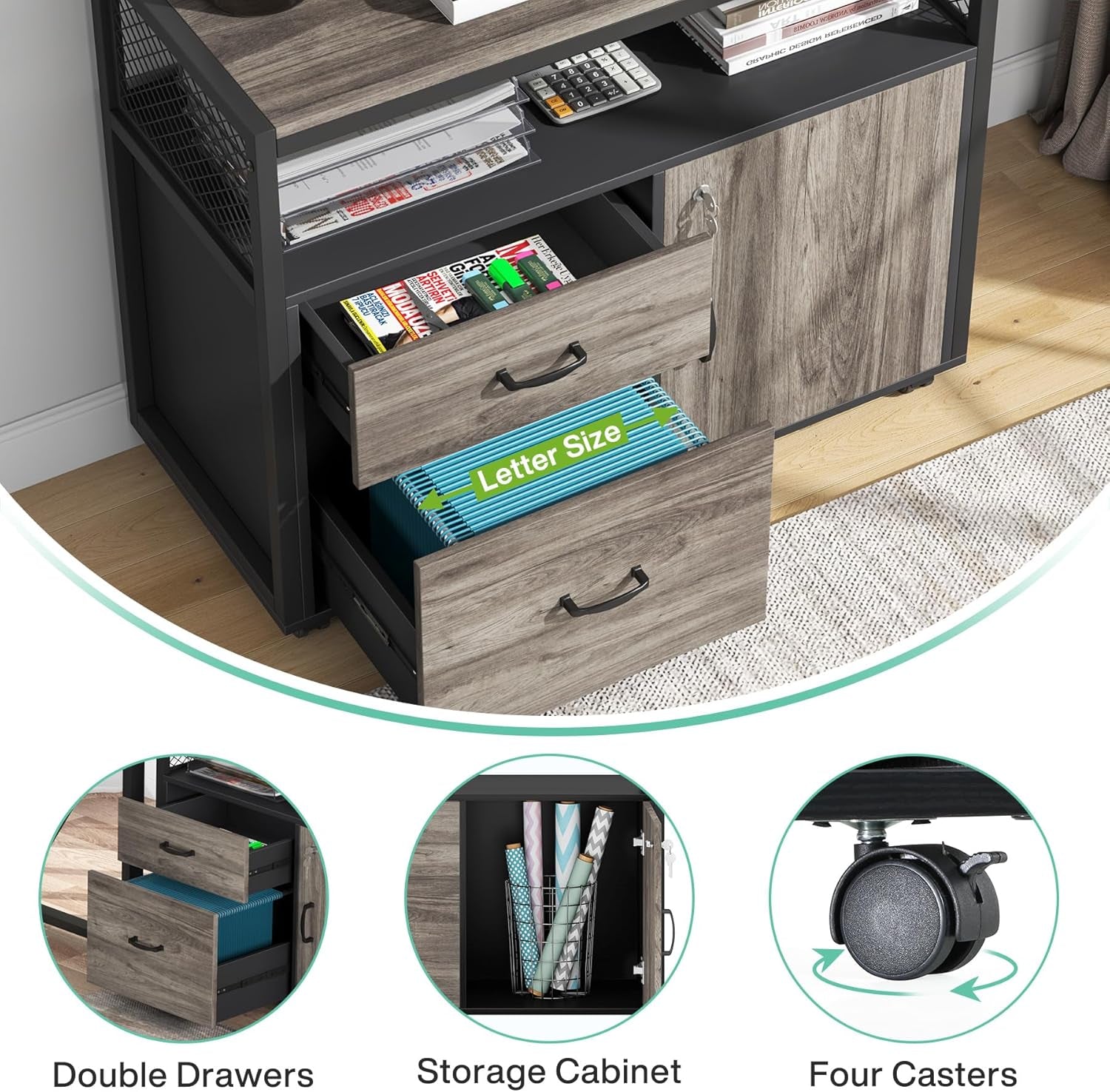 L Shaped Desk with Drawer Cabinet, 63" Executive Computer Desk and Lateral File Cabinet, 2 Piece Home Office Furniture with Drawers for Hanging File, Doors with Locks (Gray, 63 Inches)-3