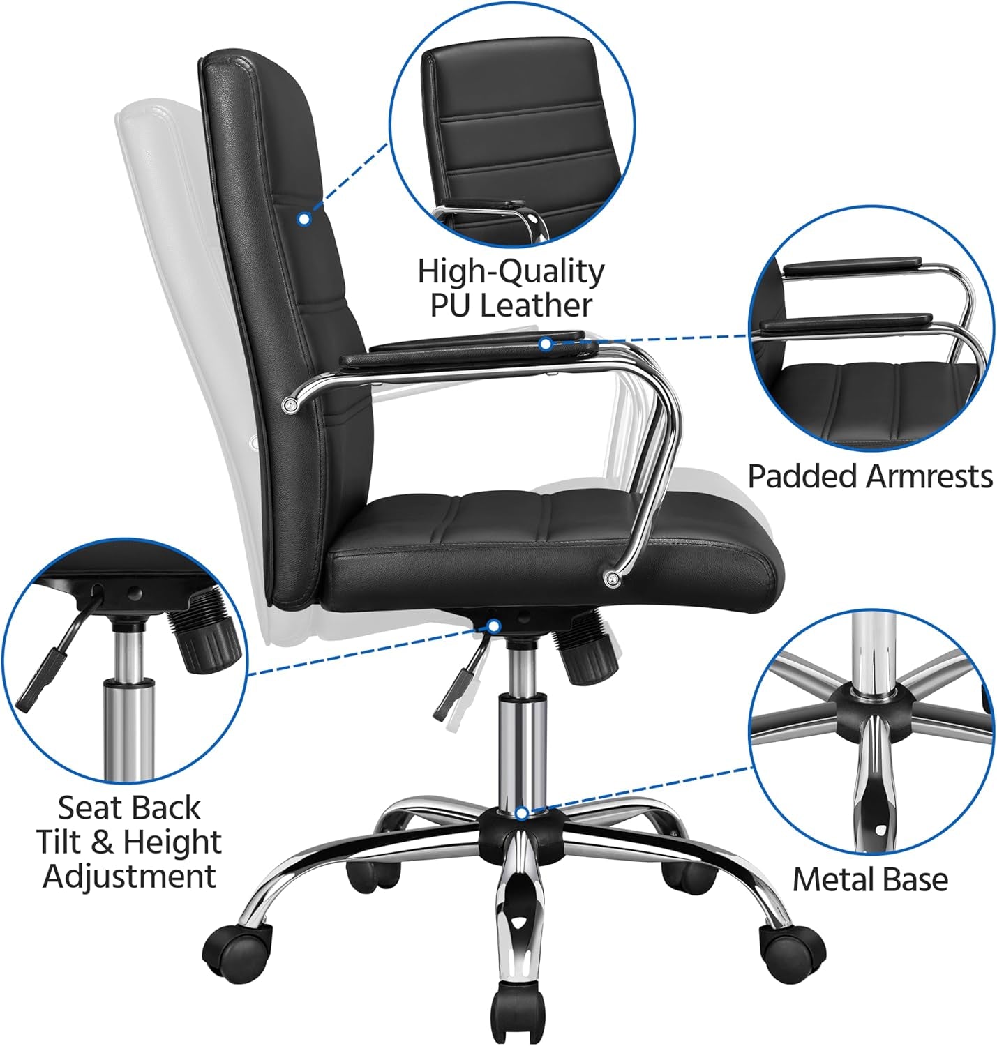 Managerial Executive Chairs Office Task Chair Mid-Back PU Leather Ergonomic Computer Desk Chair W/Lumbar Support Swivel Wheels Thick Padding Seat for Home Office, Black-4