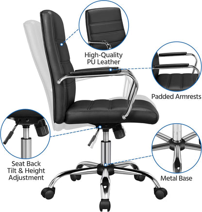 Managerial Executive Chairs Office Task Chair Mid-Back PU Leather Ergonomic Computer Desk Chair W/Lumbar Support Swivel Wheels Thick Padding Seat for Home Office, Black-4