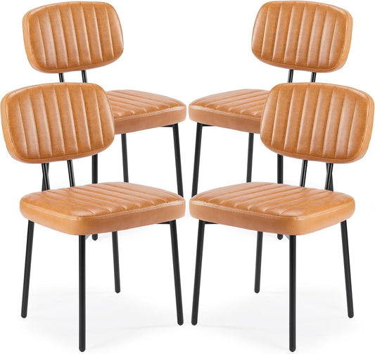 Dining Chairs Set of 4, Upholstered Mid Century Modern Kitchen Dining Room Accent Chairs with Faux Leather Cushion Seat & Metal Legs for Kitchen, Living Room - Brown-0