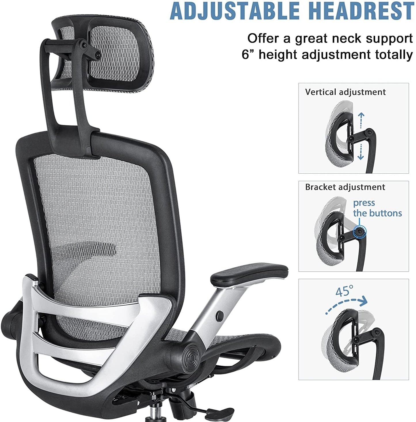 Adjustable High-Back Mesh Office Chair, Grey-3