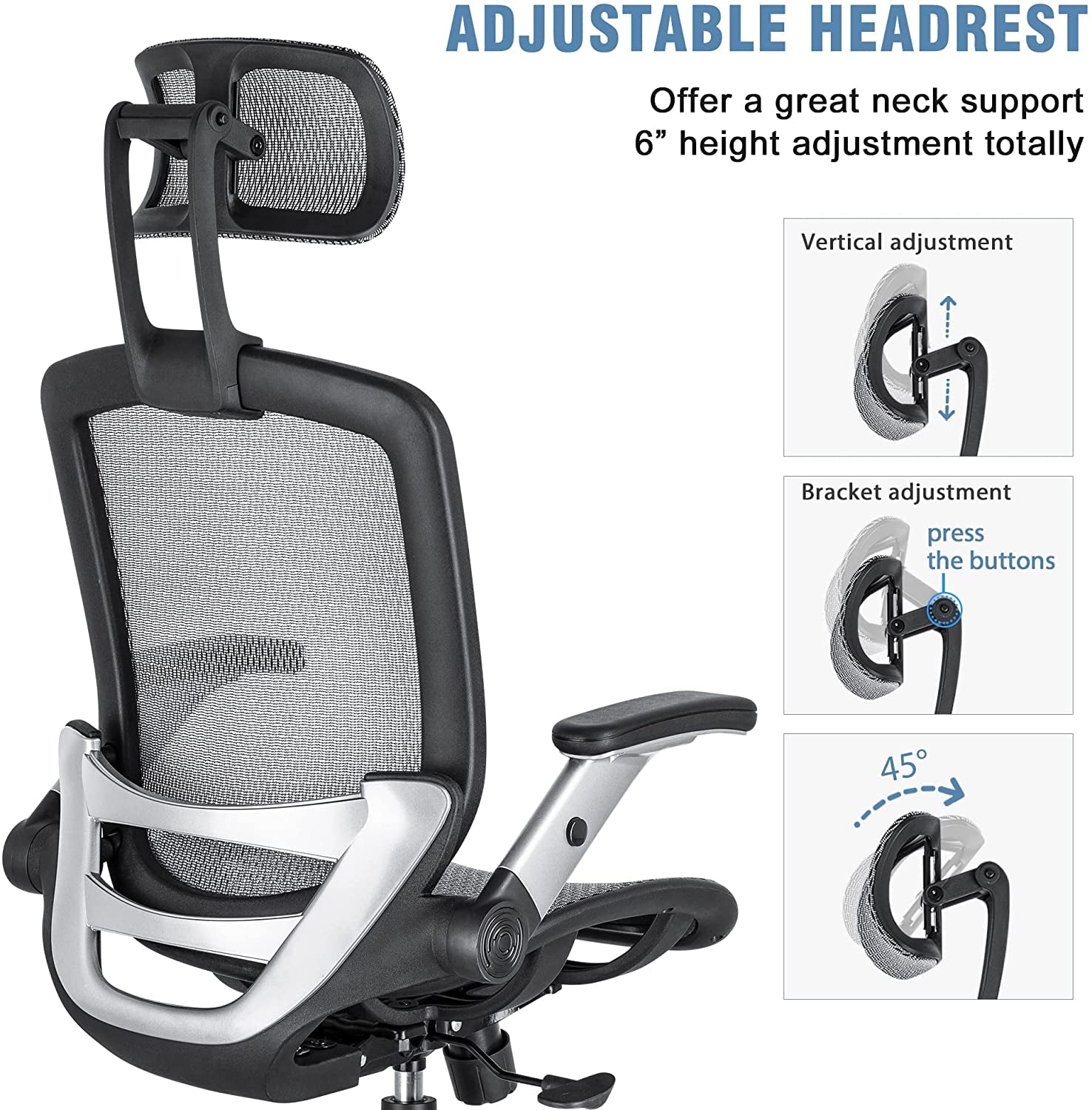 Adjustable High-Back Mesh Office Chair, Grey-3