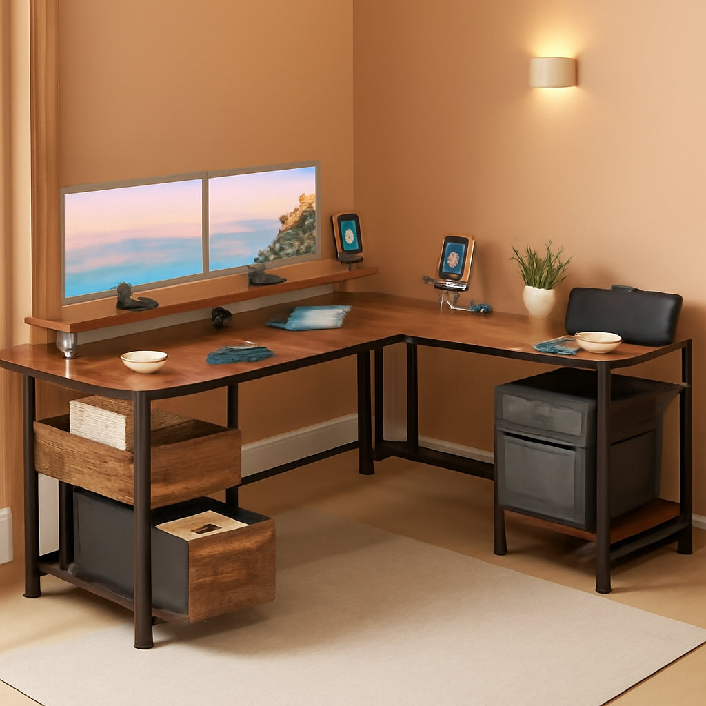 66" Rustic Brown L Desk Power File Drawers-0