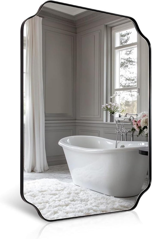 Black Bathroom Mirror, 22X30 Inch Asymmetrical Mirror, Irregular Wall Mirror in Stainless Steel Metal Frame, Modern Scalloped Mirrors Ideal for Bathroom, Bedroom (Horizontal/Vertical)-0