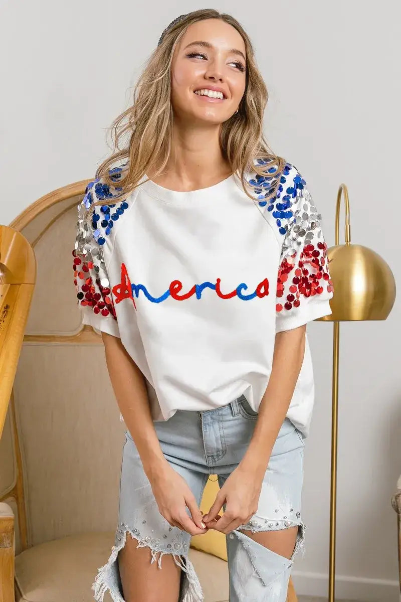 BiBi America Letter Applique Spangle Puff Sleeves Top