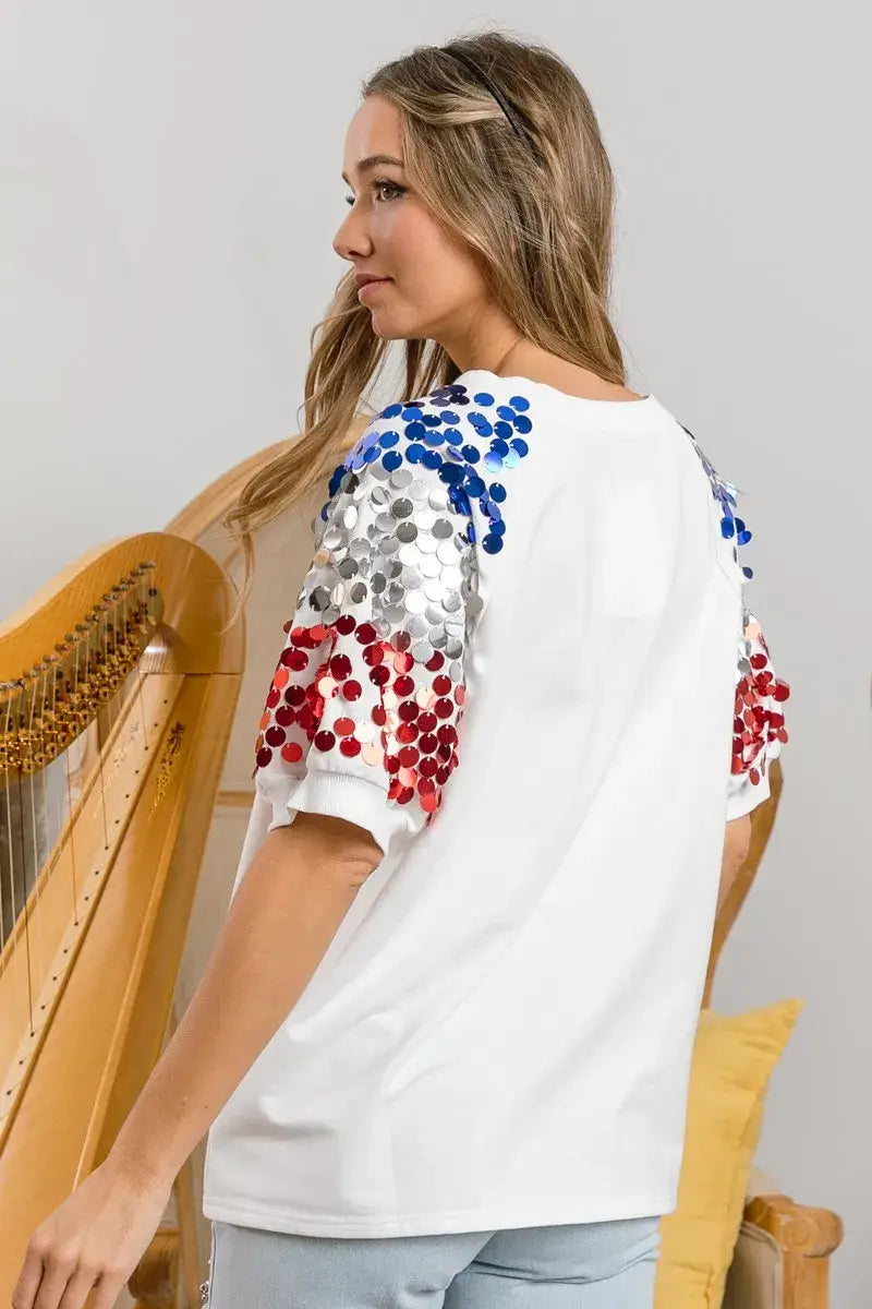 BiBi America Letter Applique Spangle Puff Sleeves Top