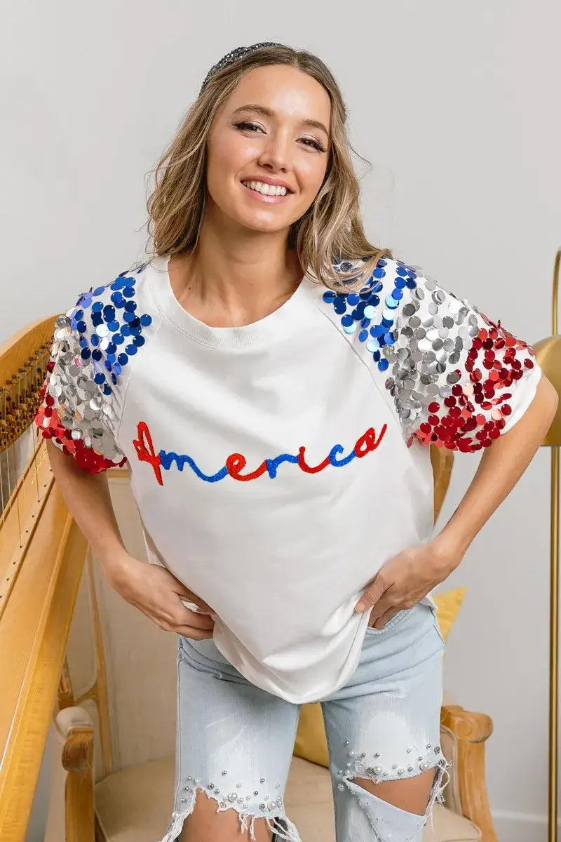 BiBi America Letter Applique Spangle Puff Sleeves Top