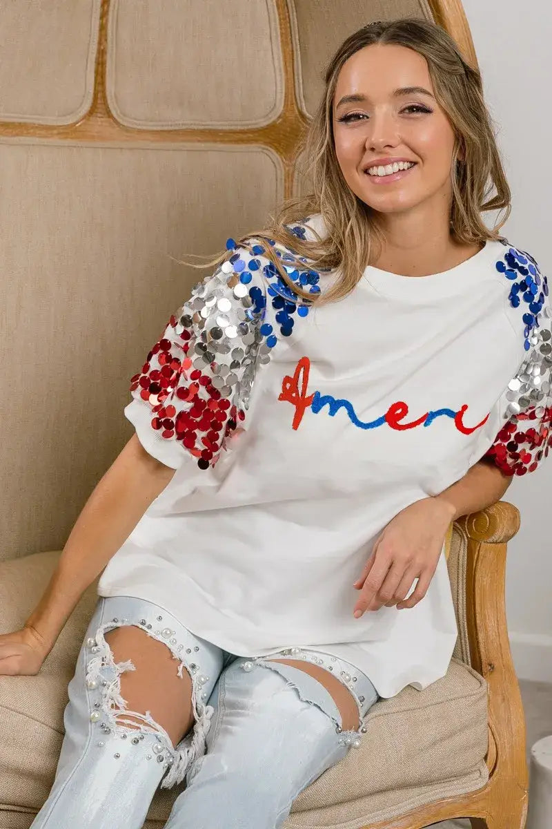 BiBi America Letter Applique Spangle Puff Sleeves Top