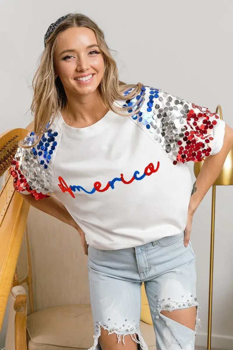 BiBi America Letter Applique Spangle Puff Sleeves Top