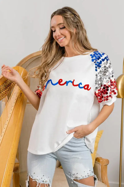 BiBi America Letter Applique Spangle Puff Sleeves Top