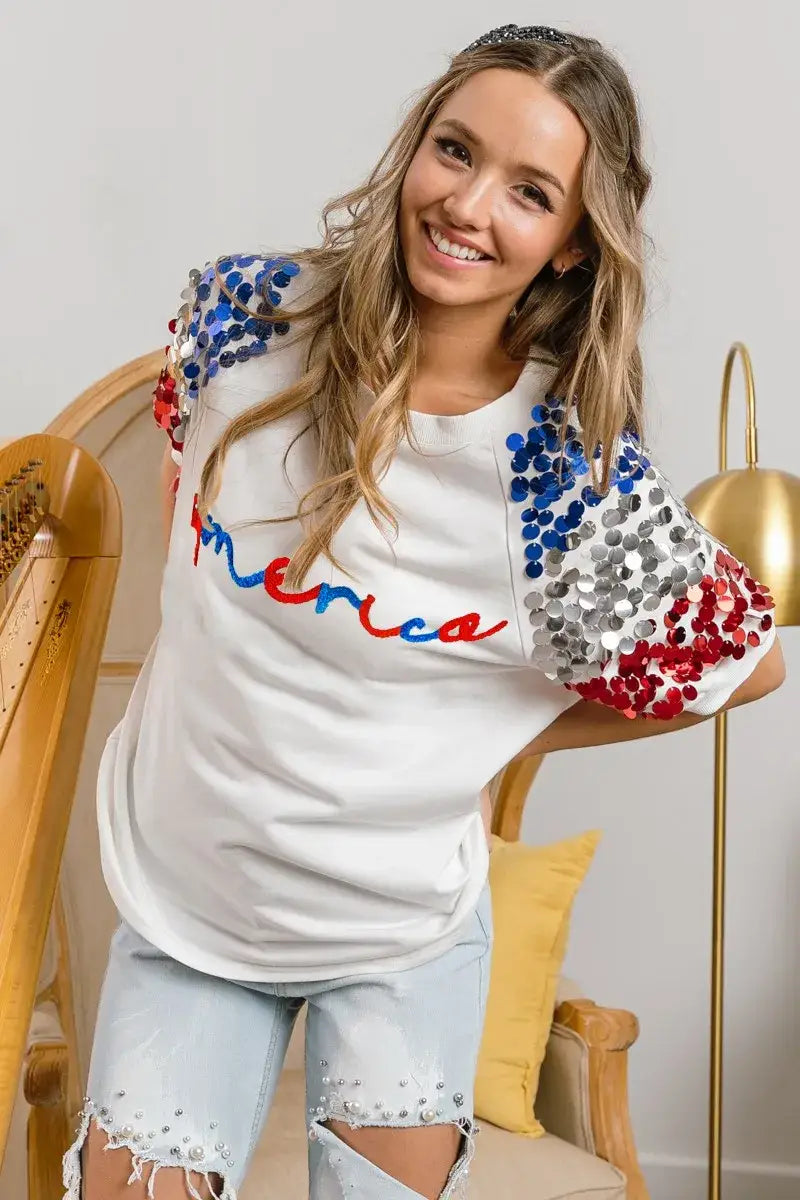 BiBi America Letter Applique Spangle Puff Sleeves Top