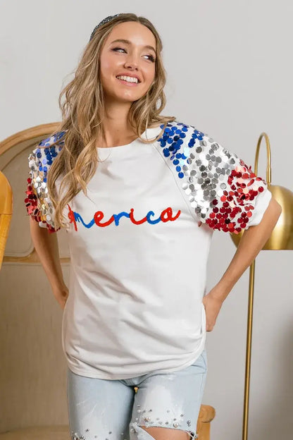 BiBi America Letter Applique Spangle Puff Sleeves Top