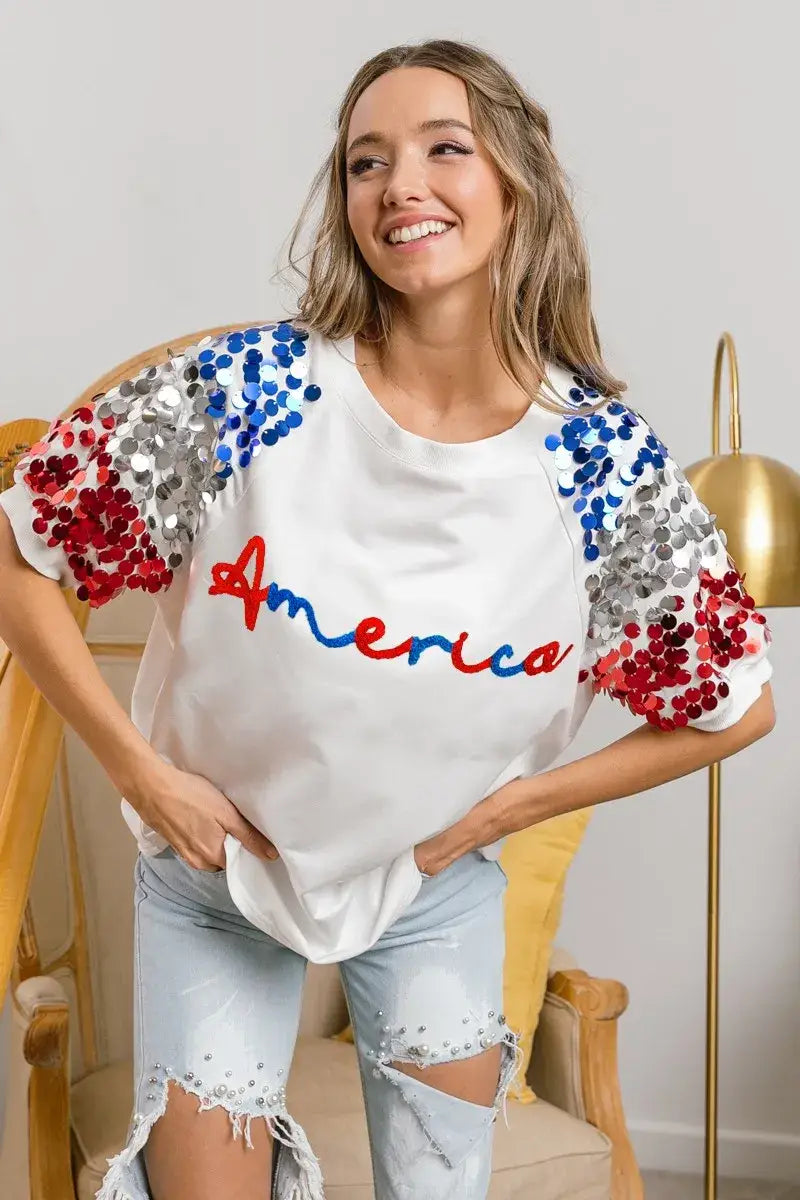 BiBi America Letter Applique Spangle Puff Sleeves Top