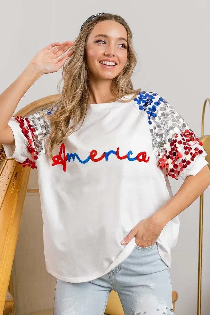 BiBi America Letter Applique Spangle Puff Sleeves Top