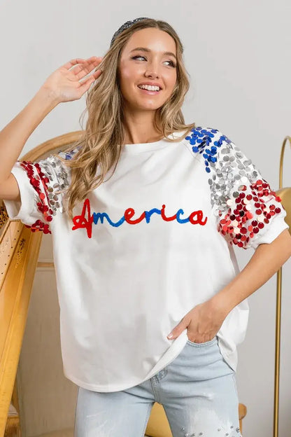 BiBi America Letter Applique Spangle Puff Sleeves Top