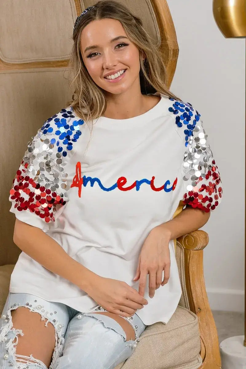 BiBi America Letter Applique Spangle Puff Sleeves Top