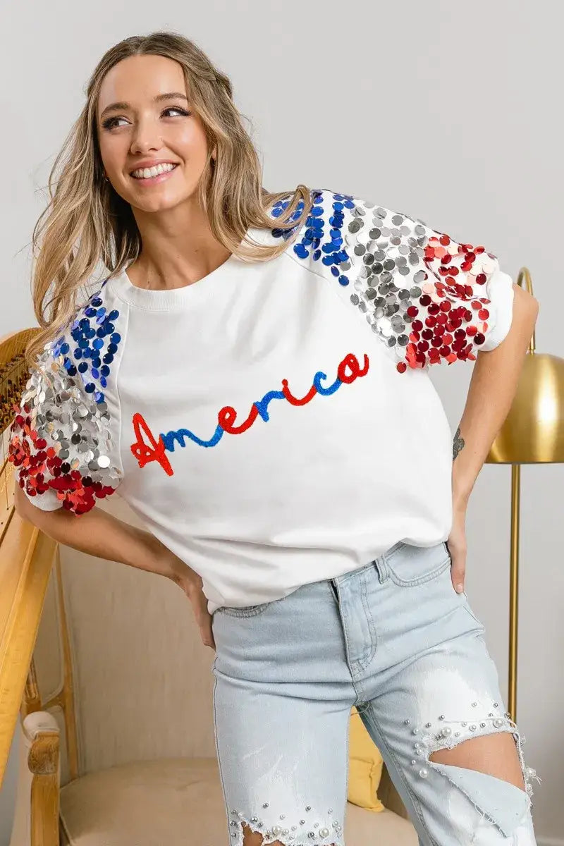 BiBi America Letter Applique Spangle Puff Sleeves Top