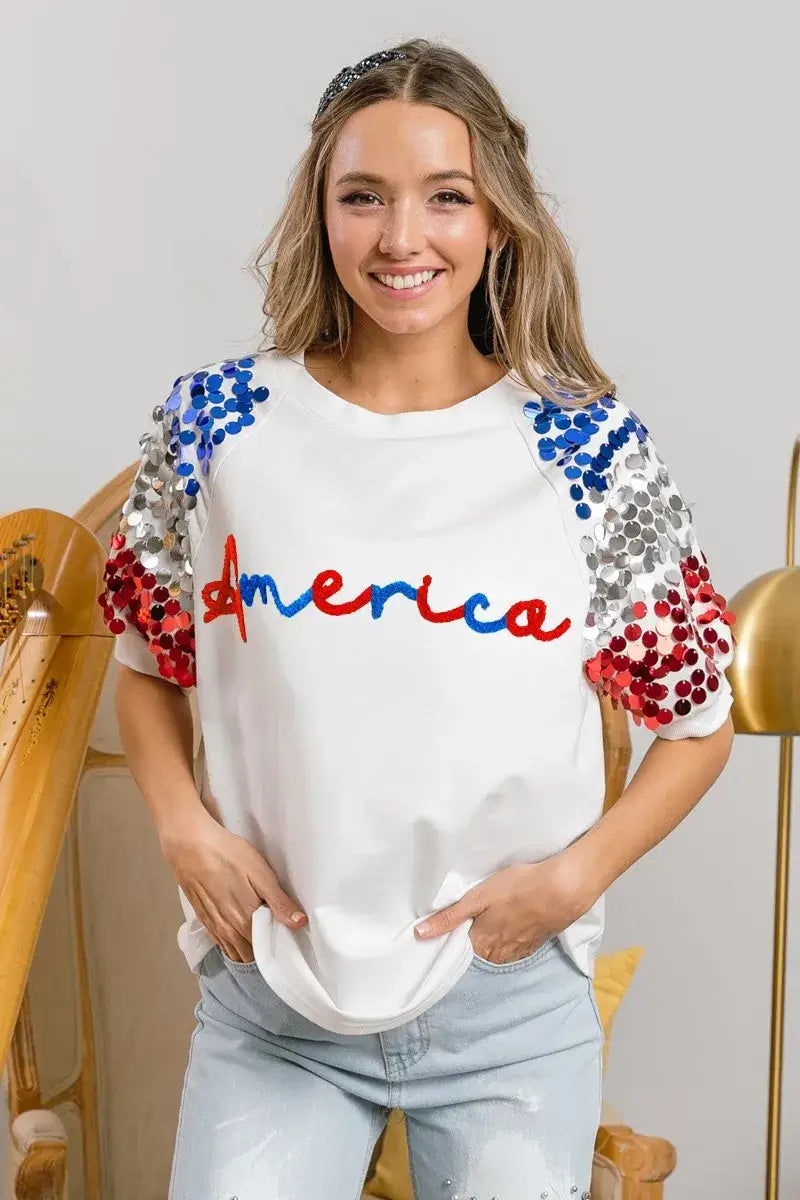 BiBi America Letter Applique Spangle Puff Sleeves Top