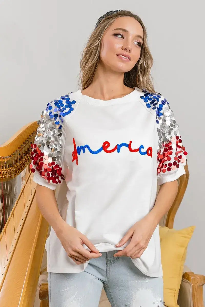 BiBi America Letter Applique Spangle Puff Sleeves Top