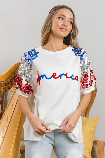 BiBi America Letter Applique Spangle Puff Sleeves Top